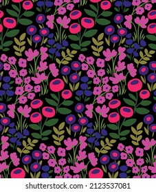 Seamless pattern with bright flowering meadow. Liberty composition of various small flowers, hand drawn leaves, herbs. Dark floral background, modern botanical print. Design for print. Vector.