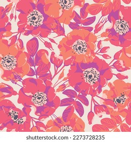 Seamless pattern with bright flowers. Background for packaging design, wrapper, invitation. Floral ornament for printing on fabric and paper.