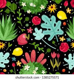 seamless pattern bright flowers branches and leaves on black background