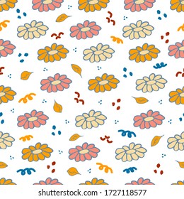 Seamless pattern with bright flowers daisy and leaves. Colorful print, suitable as wrapping paper or fabric. Cartoon vector illustration