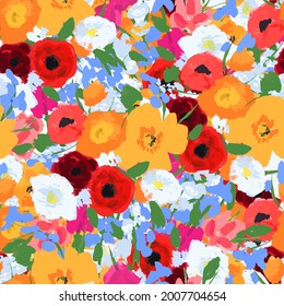 Seamless pattern with bright flowers drawn by paint