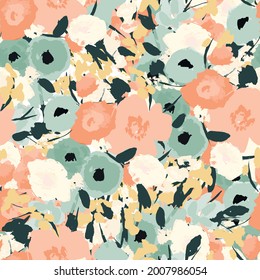 Seamless pattern with bright flowers drawn by paint
