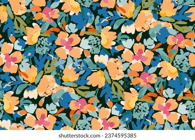 Seamless pattern with bright flowers drawn by paint. hand drawn, not AI