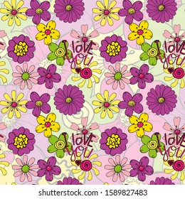 Seamless pattern with bright flowers and frase I love you.