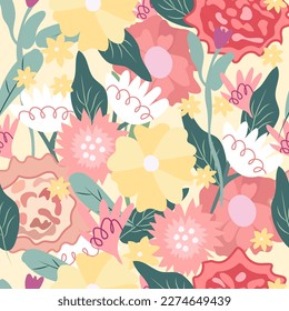 Seamless pattern with bright flowers, green leaves. Botanical pattern perfect for paper, cover, wallpaper, fabric, poster. Vector graphics.