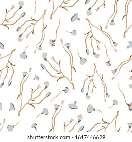 Seamless pattern of bright flowers and leaves on a white background. Bright wallpaper with medicinal flowers.Set of medicinal herbs and leaves.Textiles with summer herbs.