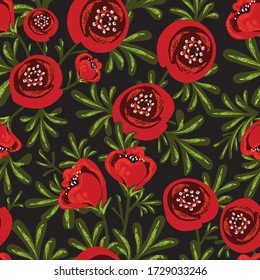 Seamless pattern of bright flowers and leaves. Floral ornament of abstract flowers. Design for textile, paper, packaging, bedding. Vector illustration