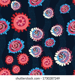 Nahtlose Muster heller Blumen und Blätter. Blumenschmuck abstrakter Blumen. Design für Textilien, Papier, Verpackung, Betten. Vektor-Abbildung