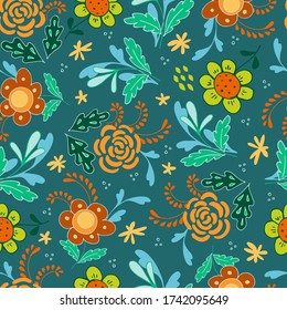 Seamless pattern of bright flowers and leaves in the Scandinavian style. Floral background for wrapping paper and scrapbooking. Design for fabric. Stock vector flat illustration.