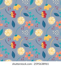 Seamless pattern with bright flowers and leaves on a blue background. Vector illustration for the design of postcards, clothing, textiles, banners and posters.