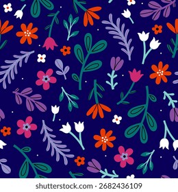 Padrão contínuo com flores brilhantes e folhas em um fundo azul. Gráficos vetoriais.