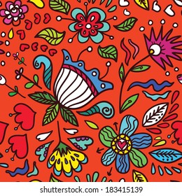 Seamless pattern with bright flowers pattern on orange background.Vector illustration.