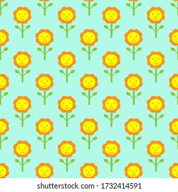 Seamless pattern of bright flowers of orange color. Sunflowers on a green background.