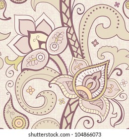 Seamless pattern with bright flowers and paisley at light background