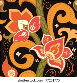 Seamless pattern with bright flowers and paisley at black background