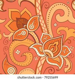 Seamless pattern with bright flowers and paisley at red background