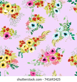 Seamless pattern in bright flowers. Poppy bouquets. Liberty style millefleurs. Floral background for textile, wallpaper, pattern fills, covers, surface, print, wrap, scrapbooking, decoupage.