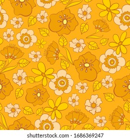 seamless pattern with bright flowers in the style of the 70s