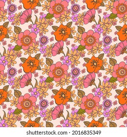 seamless pattern with bright flowers in the style of the 70s