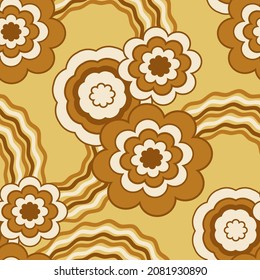 nahtloses Muster mit hellen Blumen im Stil der 60er Jahre, Vintage, braunen und gelben Farben