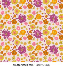 seamless pattern with bright flowers in the style of the 70s, retro style