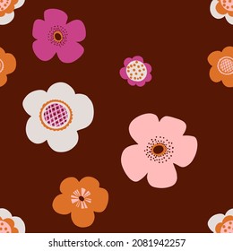 seamless pattern with bright flowers in the style of the 60s, vintage
