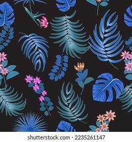 Seamless pattern with bright flowers and tropical leaves of palm tree on black background. Botany vector background, jungle wallpaper.