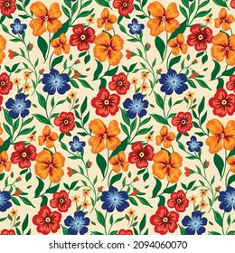 Seamless pattern with bright flowers and various foliage on a light background. Floral print with various small plants, colorful flower meadow. Vector illustration.