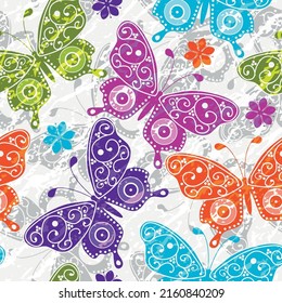 Seamless pattern with bright flying butterflies on a light background. Grunge. Vector