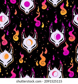 seamless pattern of bright fox masks and the flames