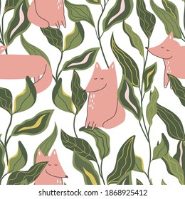 seamless pattern with bright foxes and plants for design.Vector illustration