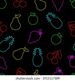 Seamless pattern with bright fruits - apple, pineapple, pear, cherry and grape on a dark background