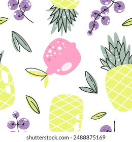 Seamless pattern with bright fruits, stylized fruits, pattern for fabric, packaging, covers, background.