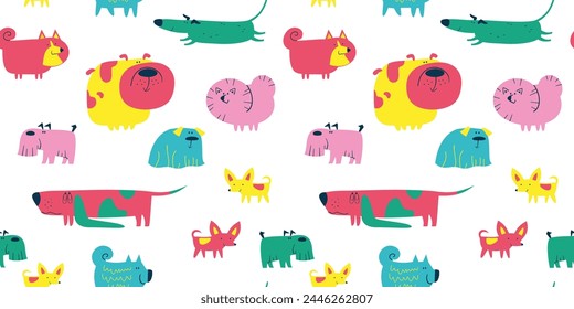 Seamless pattern with bright funny dogs of different breeds: bulldog, basset, terrier, spitz, corgi. Vector illustration for textile.