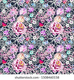 Seamless pattern with bright garden flowers, butterflies and paisley and lace ornament. Romantic print for fabric.