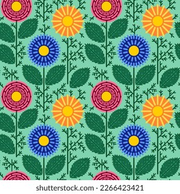 seamless pattern with bright geometric flowers