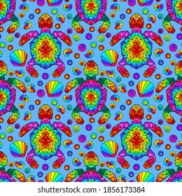 Seamless pattern with bright geometric turtles and seashells, colored animals on a blue background