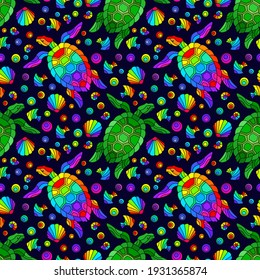 Seamless pattern with bright geometric turtles and seashells, colored animals on a dark background