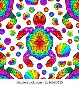 Seamless pattern with bright geometric turtles and seashells, colored animals on a white background