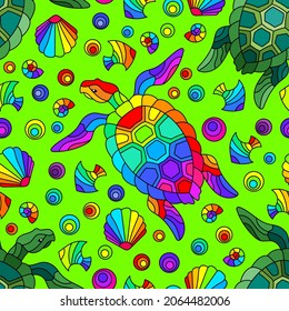 Seamless pattern with bright geometric turtles and seashells, colored animals on a green background