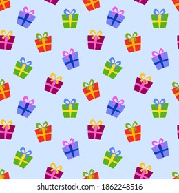 Seamless pattern with bright gift boxes. Color packaging with ribbon and bow in flat style. A holiday gifts endless texture for wrapping paper, textile, wallpaper, fabric. Cartoon vector illustration.