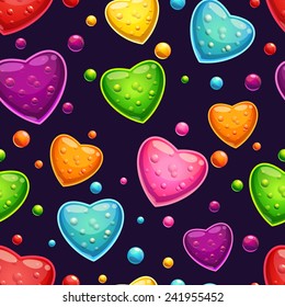 Seamless pattern with bright glossy hearts on the dark background
