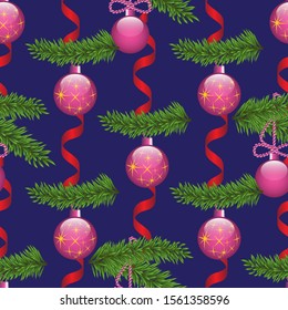 Seamless pattern of bright glowing holiday balls, ribbons and tinsel and Christmas tree branches, Vector illustration