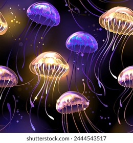 Seamless pattern of bright, golden, purple, artistically drawn, glowing jellyfish on black sea background. Glowing jellyfish.