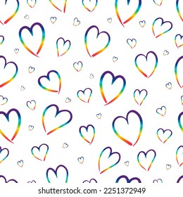 Seamless pattern of bright gradient colorful hearts.
Vector illustration with rainbow hearts. LGBT rights symbol. Gay Pride.