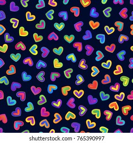 Seamless Pattern of Bright Gradient Colorful Hearts on Dark Background. Creative Continued Ornamental Background.