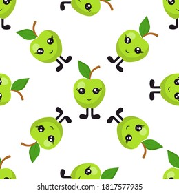 Seamless pattern with bright green apples with eyes and legs on a white background. Print for bed linen and fabrics, wrapping paper and wallpaper.

