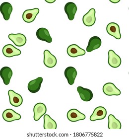 Seamless pattern with bright and green avocado on a white background. Print for bed linen and fabrics, wrapping paper and wallpaper.
 Stock vector illustration for decoration and design.