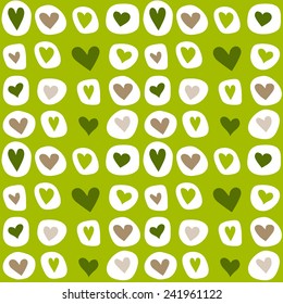 Seamless pattern. Bright green and beige hearts on green background