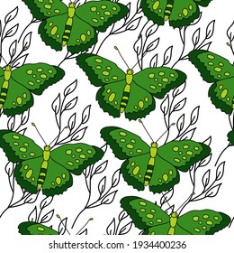 Seamless pattern of bright green butterflies and gentle contour doodle twigs on a white background vector illustration